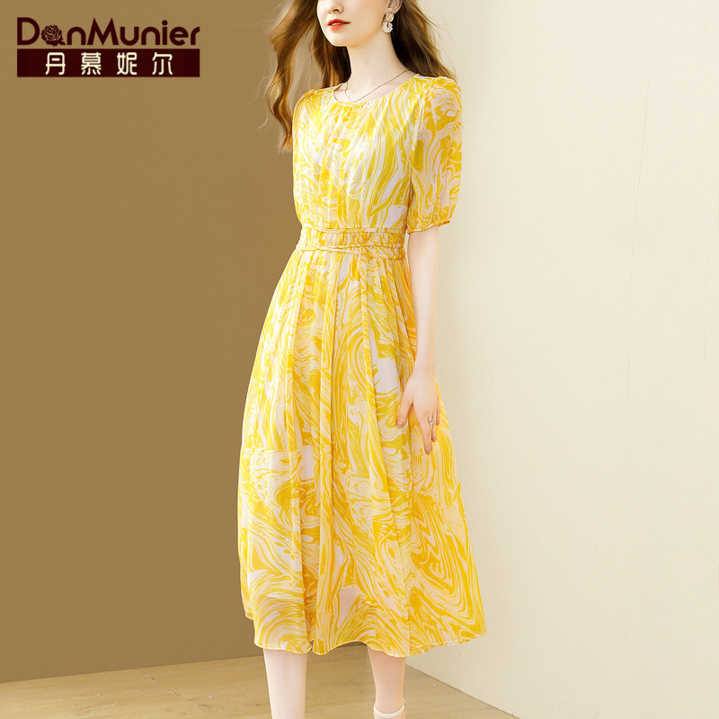 丹慕妮尔法式浪漫印花雪纺连衣裙女2023夏季新款气质黄色收腰长裙