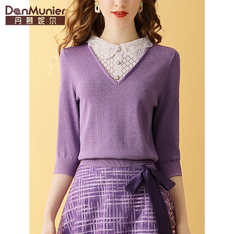 丹慕妮尔气质简约七分袖针织衫2020年新款女秋装时尚休闲百搭上衣