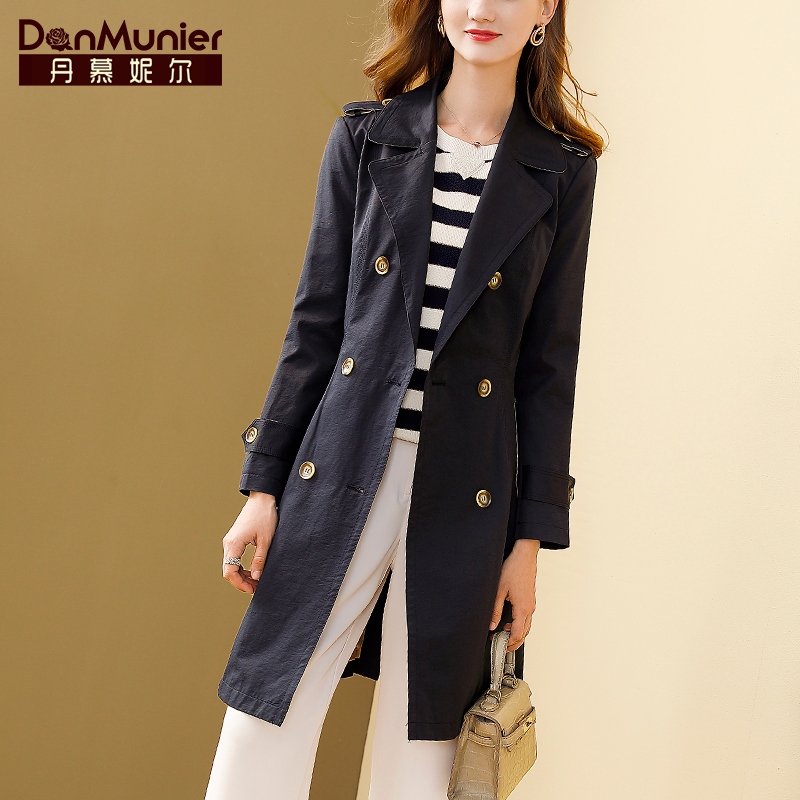 丹慕妮尔西装领风衣外套女中长款2023新款秋冬双排扣腰带收腰大衣