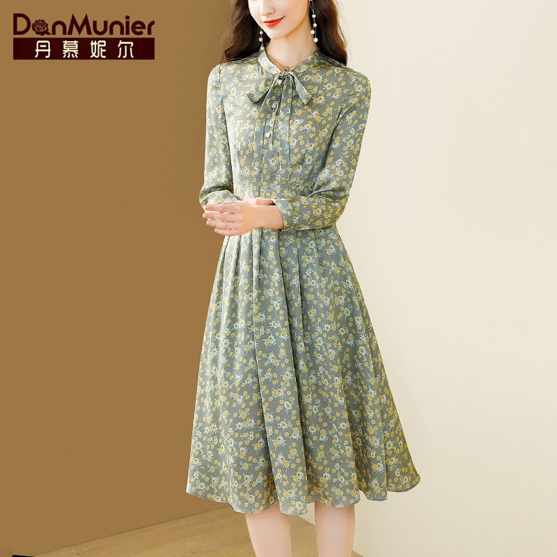 丹慕妮尔法式优雅碎花连衣裙女春2023新款蝴蝶结长袖收腰气质裙子