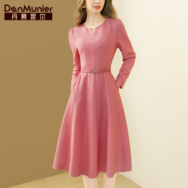 丹慕妮尔法式高端轻奢秋冬连衣裙女2023新款长袖气质收腰中长裙子