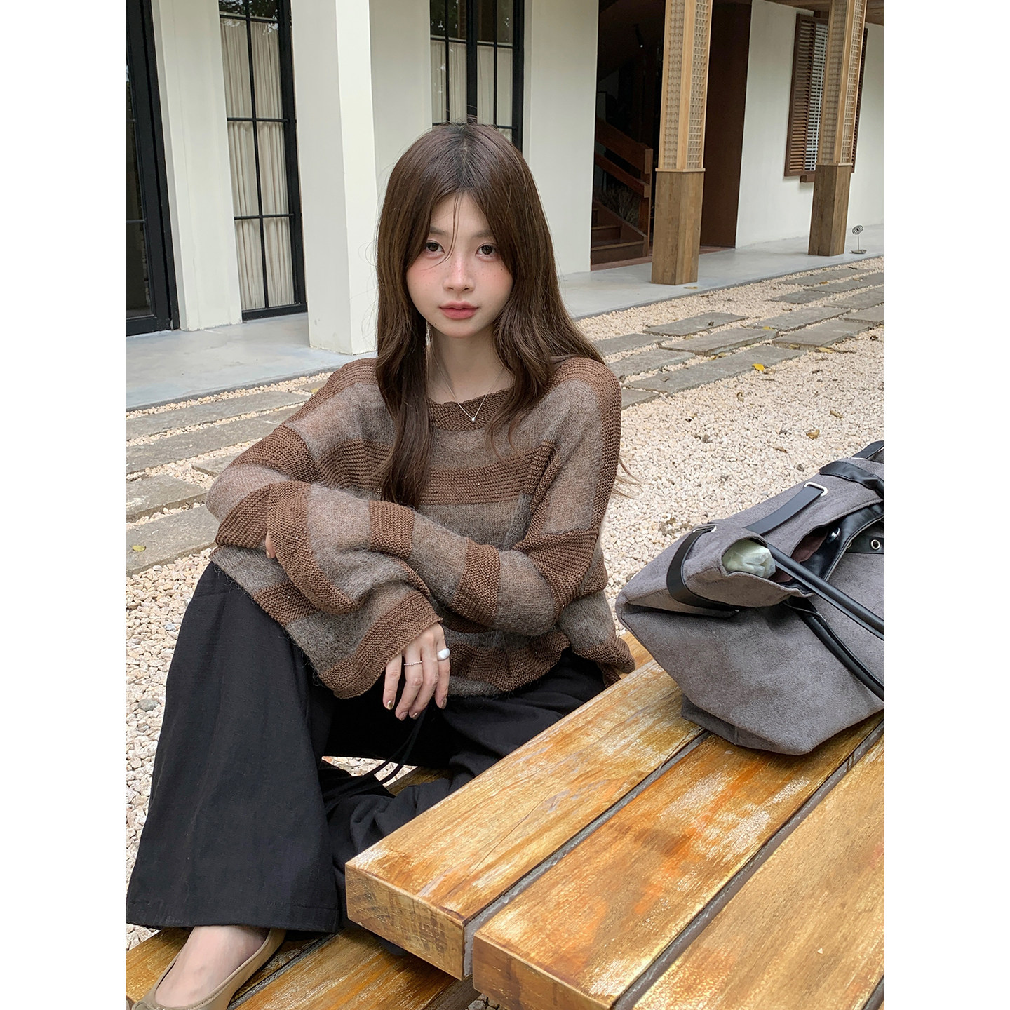秋季条纹微透针织衫女慵懒风马海毛一字领薄款宽松短款长袖上衣