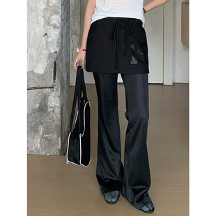 黑色高腰微喇裤女设计感小众绑带假两件屁帘显瘦休闲长裤2026新款