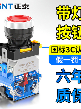 正泰带灯平头按钮开关ZTP38-11PND自复位平钮开孔22启动停止红绿