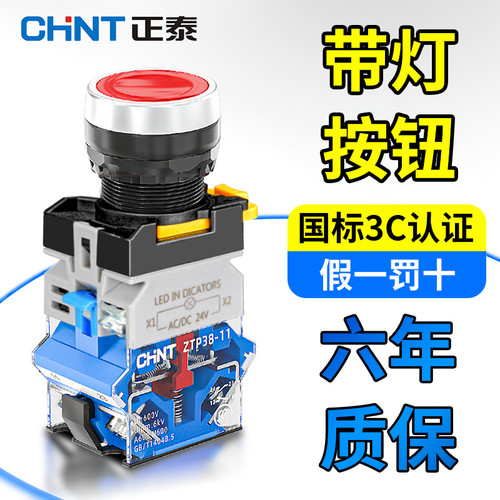正泰带灯平头按钮开关ZTP38-11PNDZS自锁平钮开孔22启动停止红绿