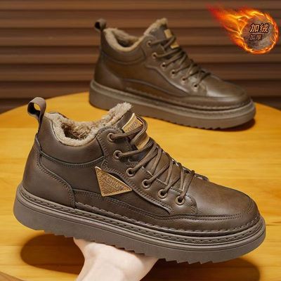 加绒男鞋2025新款秋冬季高帮板鞋男士皮面保暖加厚棉鞋低帮马丁靴