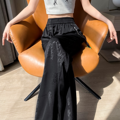 中式国风醋酸缎面提花阔腿裤女夏2026新款高腰垂感冰丝休闲直筒裤