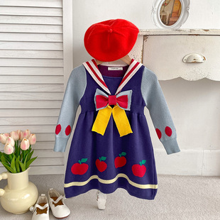 ins秋冬女童宝宝拼色白雪公主蝴蝶结针织连衣裙甜美卡通毛衣裙