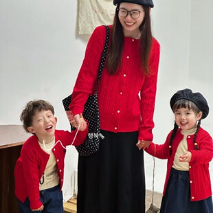 亲子装毛衣红色一家三口男女童秋冬兔毛混纺麻花刺绣针织新年开衫