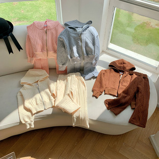 女童连帽卫衣外套短款拉链开衫喇叭裤洋气套装网红炸街潮服2025秋