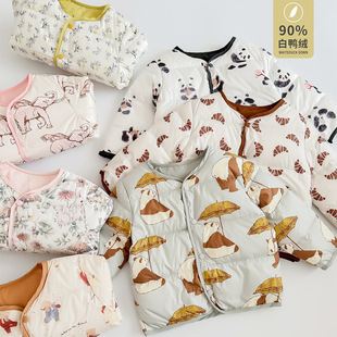 羽绒内胆男女童印花双面外穿外套 宝宝A类冬季 新国标90白鸭绒