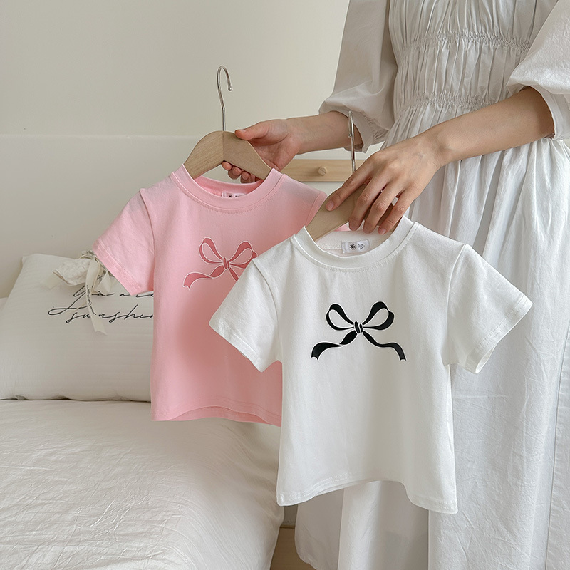 女童纯棉洋气蝴蝶结短袖t恤夏季