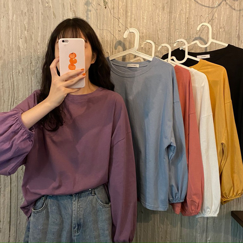 女装2024新款秋季韩版宽松套头学生灯笼袖长袖T恤女纯色打底衫潮