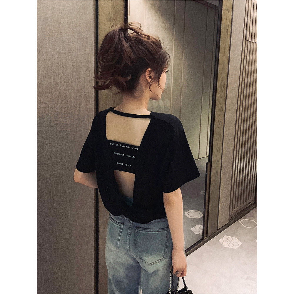 ins超火短袖T恤女2025夏季宽松韩版潮原宿风bf心机露背半袖上衣服