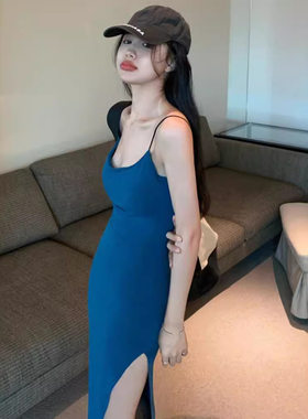个性班服开叉吊带连衣女夏季薄款新款中长裙纯欲辣妹性感包臀裙子