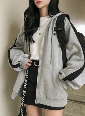 2025新款韩版秋冬女装原宿风加绒连帽卫衣女拼色刺绣字母拉链外套