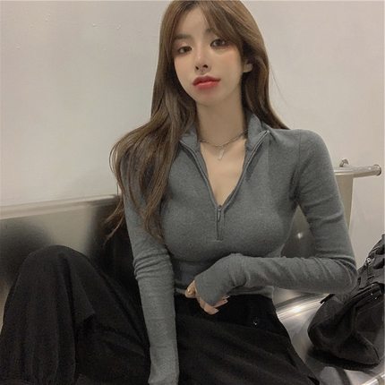 个性棉质秋装修身性感打底衫内搭韩版短款上衣女潮百搭长袖t恤女T