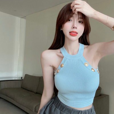 个性班服针织挂脖吊带背心女装夏蓝色薄款修身性感外穿打底衫上衣