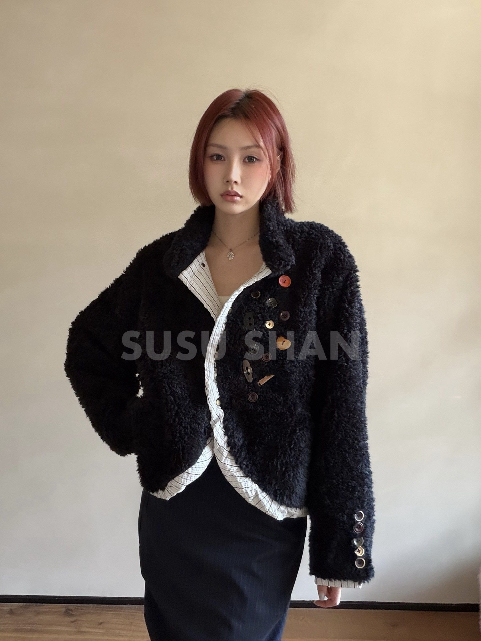SUSUSHAN 秋冬新款羊羔毛假两件外套女短款加厚保暖美式复古夹克
