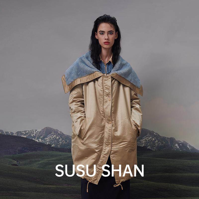 SUSUSHAN 秋冬可拆卸刺绣内胆中长款复古拼毛领鹅绒羽绒服女外套