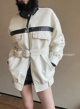 SUSUSELECT 黑白熊猫可拆卸加棉宽松显瘦百搭毛领O型皮夹克外套女