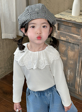 纯棉长袖花边领卫衣搭档打底外穿白色花边T恤上衣春秋冬女童女宝