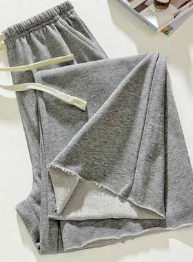 灰色阔腿九分裤女2025新款夏季薄款直筒宽松毛边毛圈棉小个子裤子