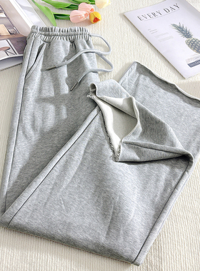 垂感灰色运动裤女夏薄款2025新款宽松直筒裤毛圈休闲裤子阔腿卫裤