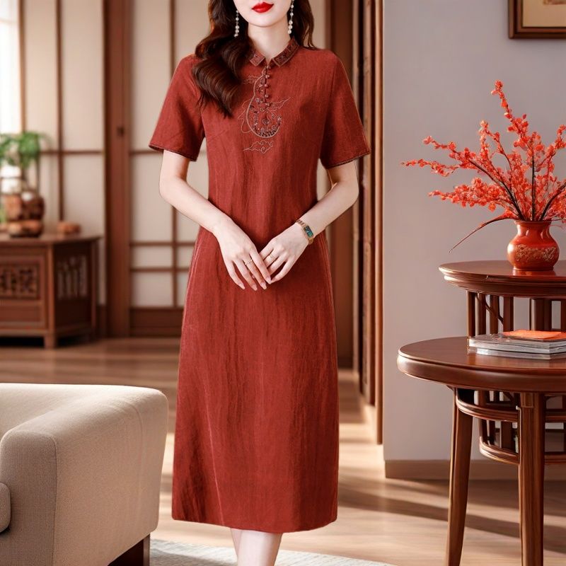高端香云纱真丝连衣裙女2025夏季新款喜婆婆高端桑蚕丝裙子妈妈装