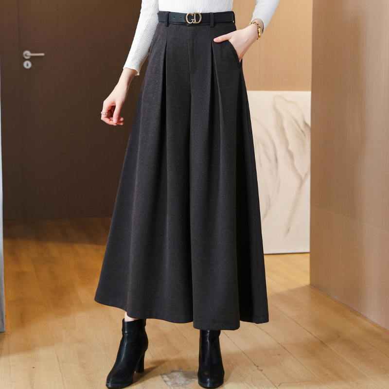 高档毛呢阔腿裤女秋冬高腰坠感九分裙裤女士甩裤大码长款大脚裤子