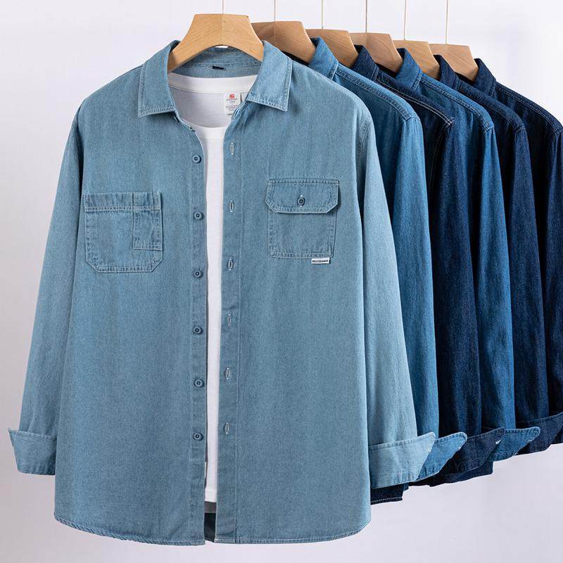男式亚麻棉混纺休闲牛仔衬衫