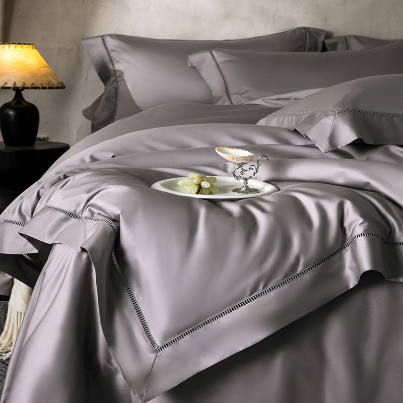轻奢简约120支匹马棉四件套贡缎纯色花边床单被套灰色床品套件1.8
