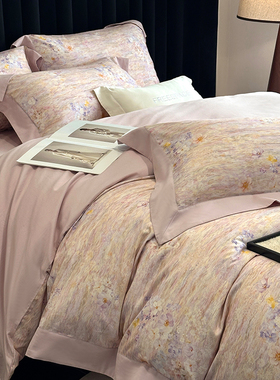 法式田园100S天丝棉磨毛四件套秋冬印花被套裸睡保暖床单床品1.8