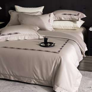 简约轻奢120支长绒棉刺绣贡缎四件套全棉丝滑亲肤裸睡床单床品