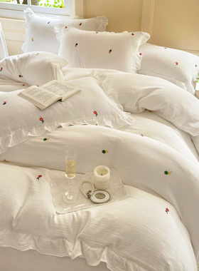 小清新白色少女全棉皱皱纱荷叶边刺绣四件套纯棉亲肤舒适床单床品