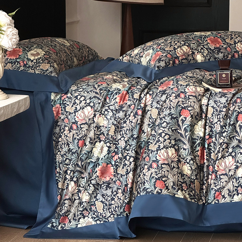 美式复古100支长绒棉贡缎四件套全棉印花床单被套亲肤柔软床品