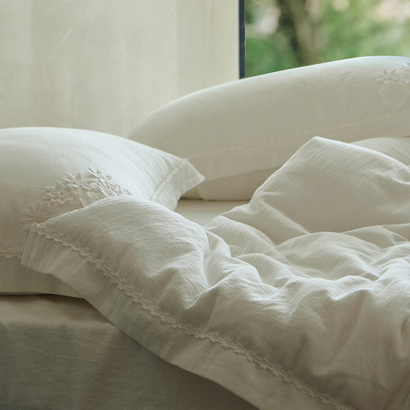 日式休闲风简约白色纯棉棉麻四件套全棉亲肤柔软透气床单被套床品