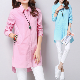 新款 胖mm大码 女装 衬衫 休闲韩版 2018春装 宽松中长款 衬衣 女长袖