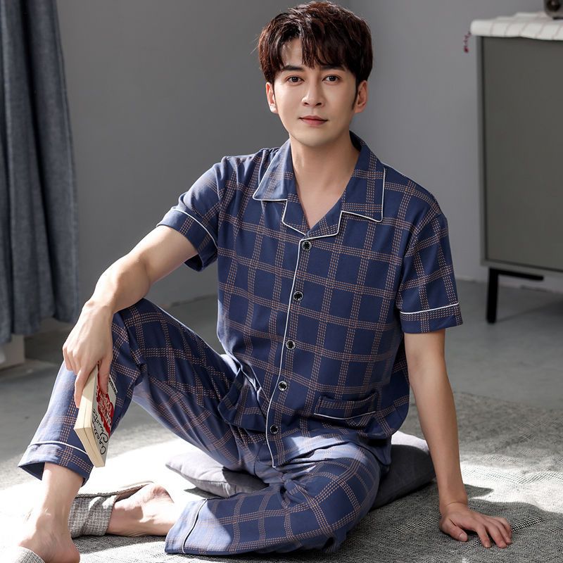 男士睡衣纯棉短袖夏天款开衫青中年韩版家居服可外穿睡衣套装