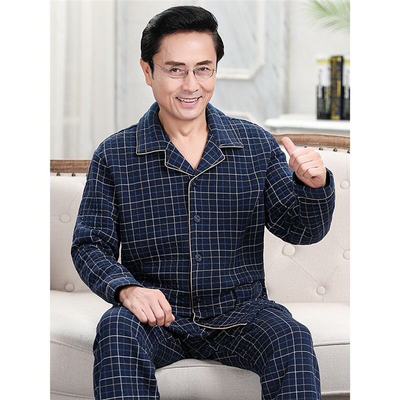 纯棉爸爸睡衣男加厚长袖秋冬季薄夹棉夹层中老年人套装