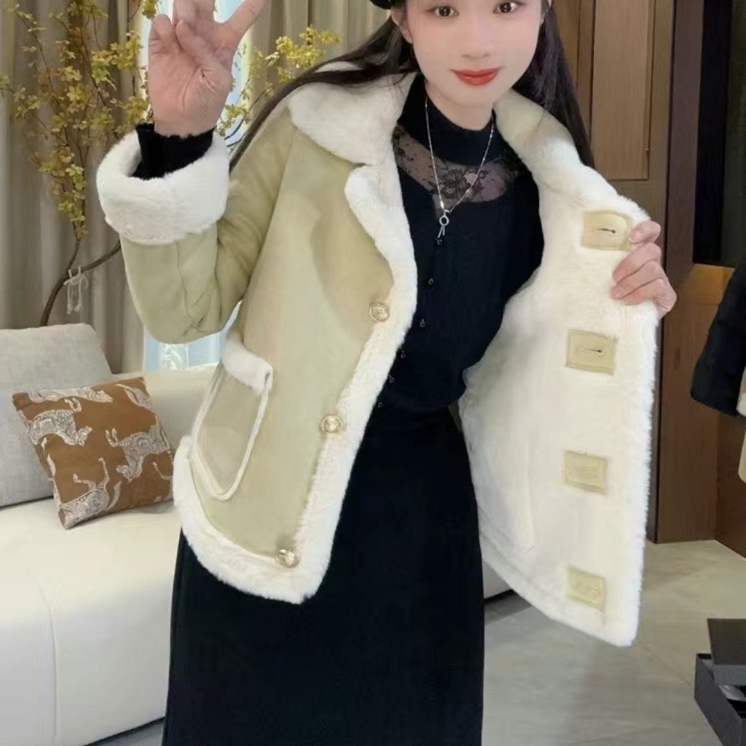 2024年新款鹿皮绒拼接皮毛一体外套女宽松加厚保暖长袖棉衣棉服