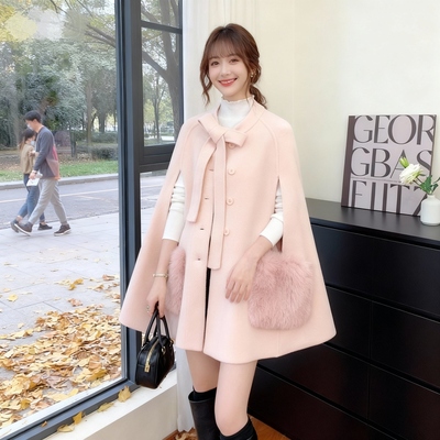 秋冬设计感中长款名媛洋气斗篷外套富家千金风系带白色披肩大衣女