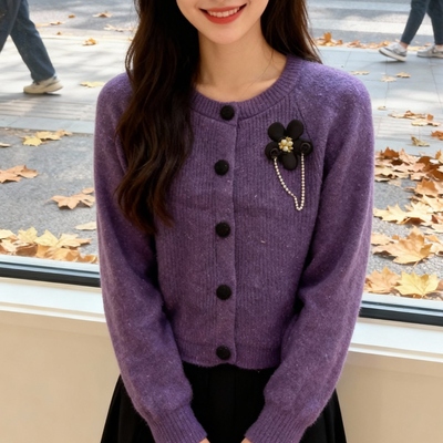 2025秋冬新款紫色针织开衫女韩版短款圆领显瘦外套气质小香风上衣
