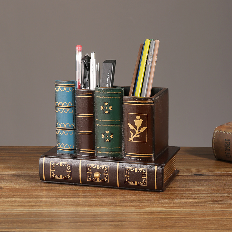 复古轻奢学生办公室桌面木质笔筒创意个性多功能收纳盒高级感摆件