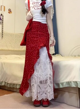 红色不规则碎花半身连衣裙女夏季2025新款小个子穿搭套装裙长裙子
