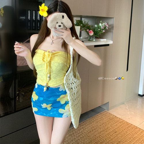 绑带挂脖抹胸背心+短裙两件套装