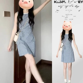 2025新款 气质蓝色格子短裙 背心吊带连衣裙子女夏季 小个子法式 无袖