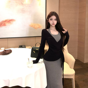 穿搭一整套氣質包臀長裙兩件套裝 灰色掛脖吊帶連衣裙子女秋季 法式