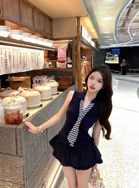 格纹拼接领带v领无袖T恤女夏季藏蓝色收腰显瘦辣妹修身百搭短上衣