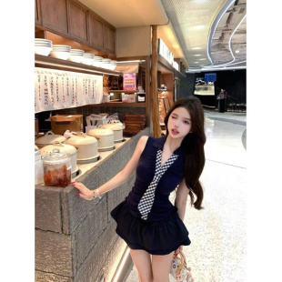 百搭短上衣 藏蓝色收腰显瘦辣妹修身 格纹拼接领带v领无袖 T恤女夏季